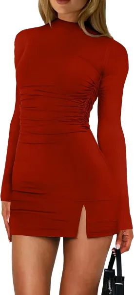 HYPERFIRE Women's Long Sleeve Mock Neck Ruched Bodycon Dress Cocktail Party Club Mini Dresses Going Out
