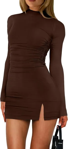 HYPERFIRE Women's Long Sleeve Mock Neck Ruched Bodycon Dress Cocktail Party Club Mini Dresses Going Out