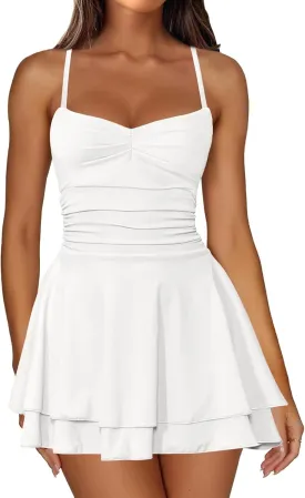 IWD Women's Spaghetti Strap Mini Dress Ruched Corset Tiered Ruffle Hem Sexy Backless Party Club A Line Short Dresses