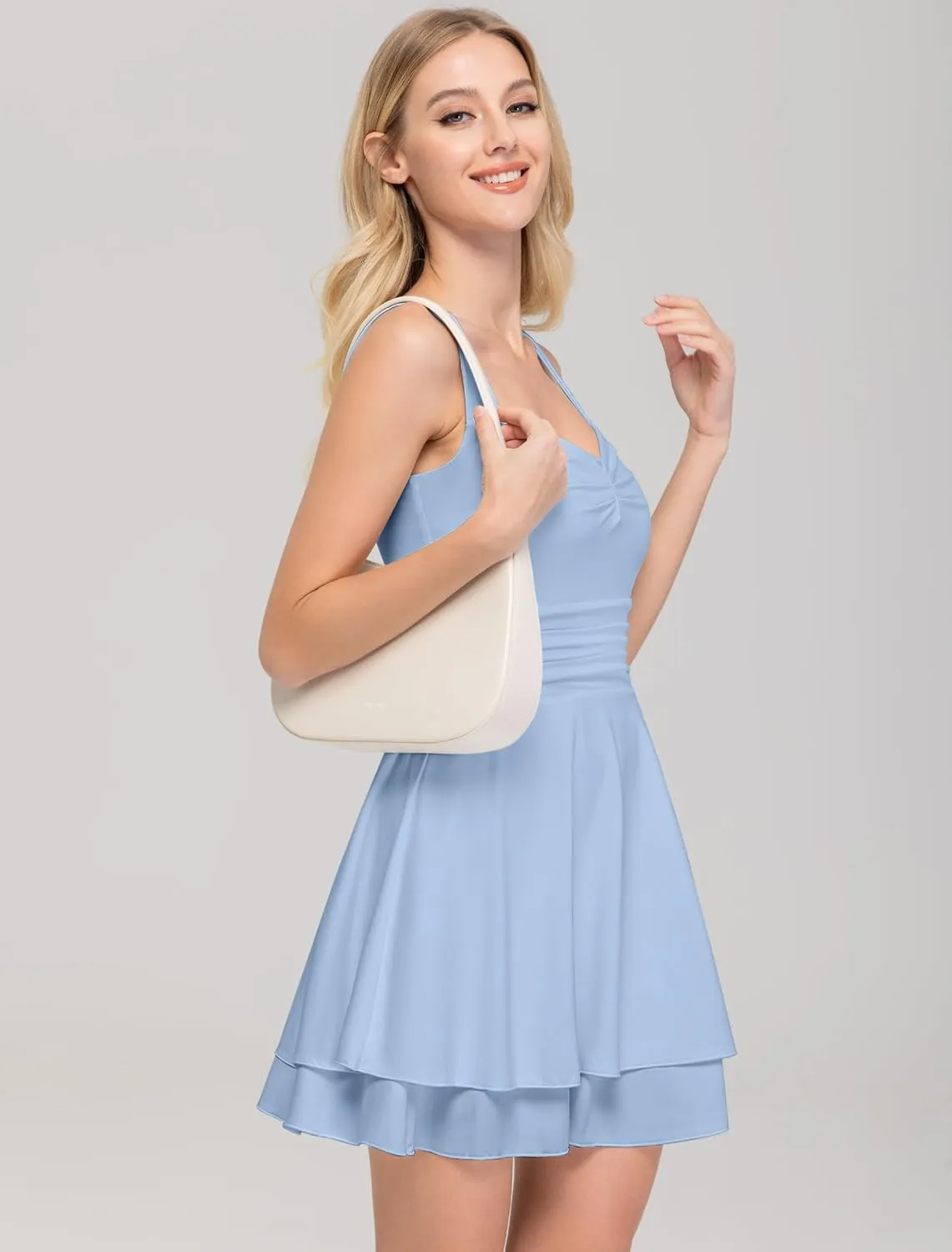 IWD Women's Square Neck Sleeveless Mini Dress Ruched Waist Tiered Ruffle Hem A Line Short Dresses