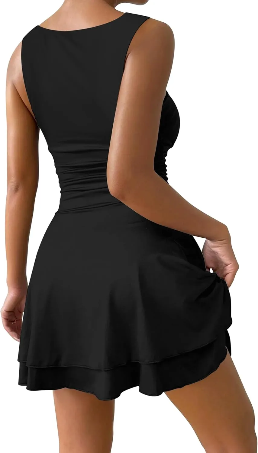 IWD Women's Square Neck Sleeveless Mini Dress Ruched Waist Tiered Ruffle Hem A Line Short Dresses