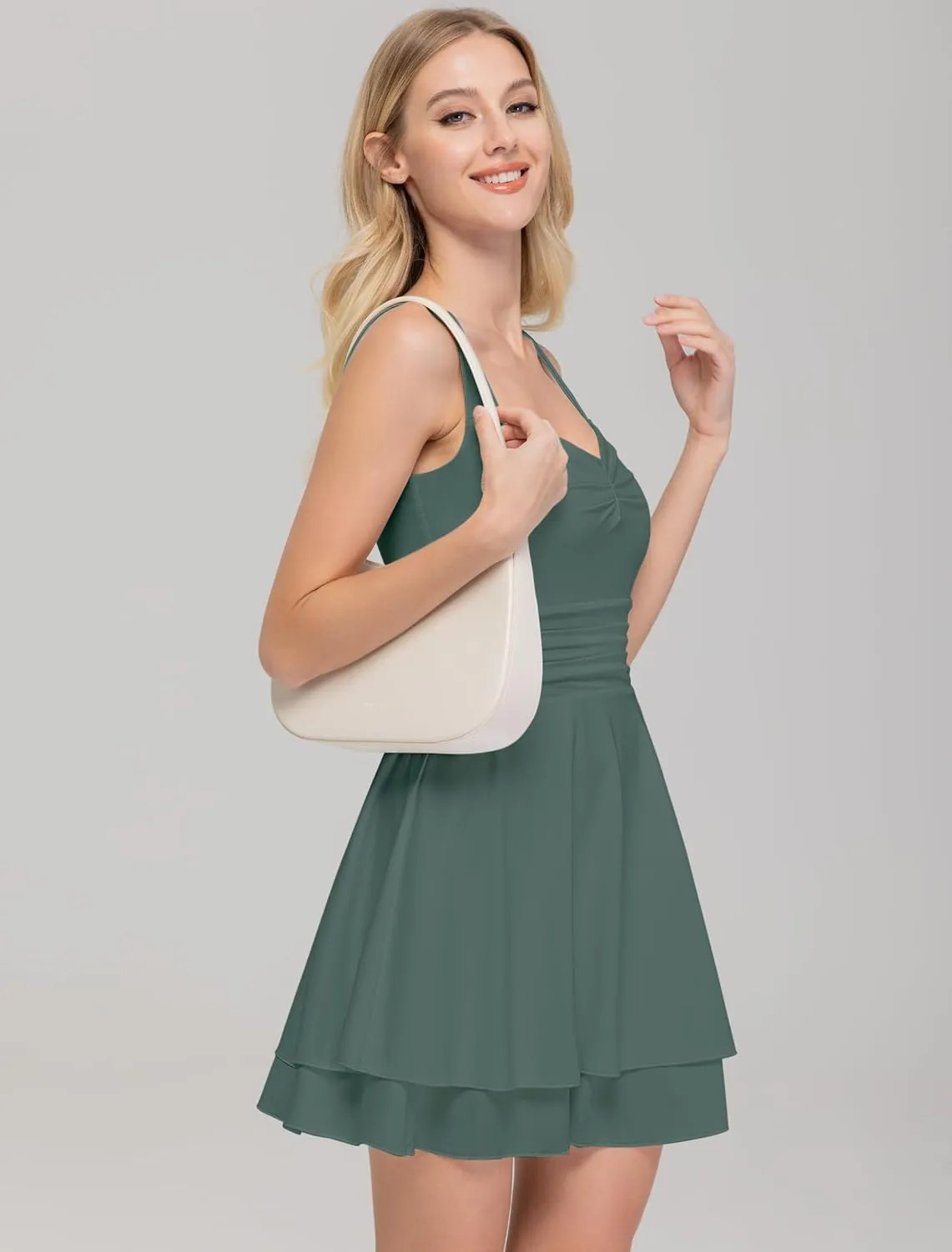 IWD Women's Square Neck Sleeveless Mini Dress Ruched Waist Tiered Ruffle Hem A Line Short Dresses