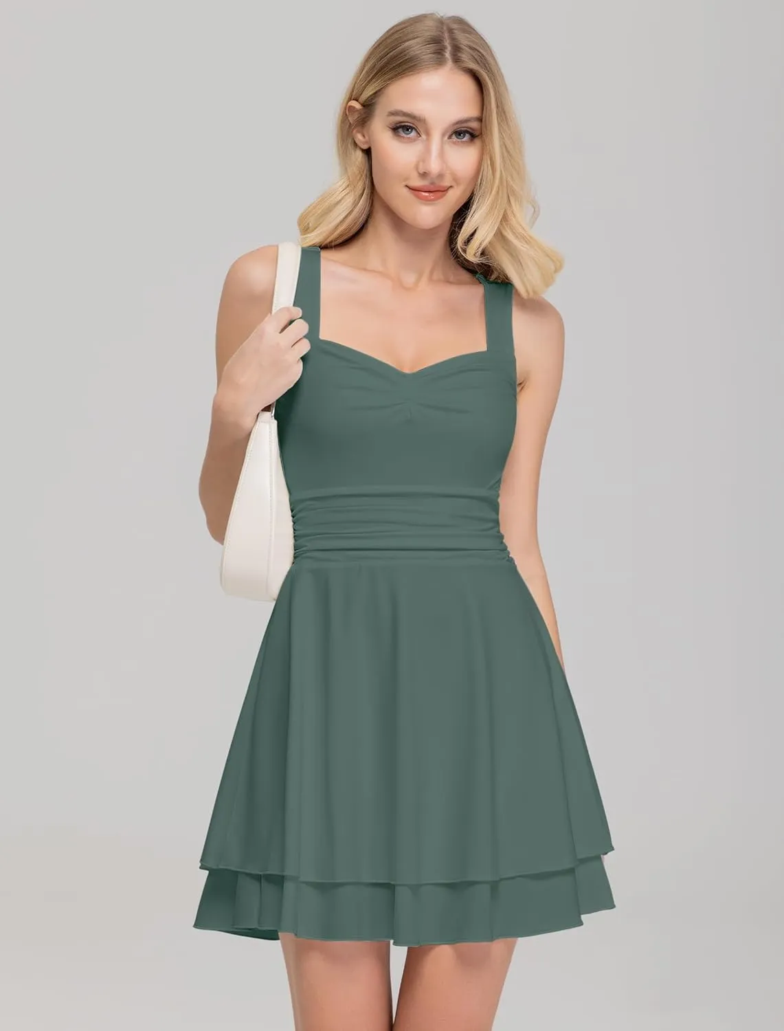 IWD Women's Square Neck Sleeveless Mini Dress Ruched Waist Tiered Ruffle Hem A Line Short Dresses