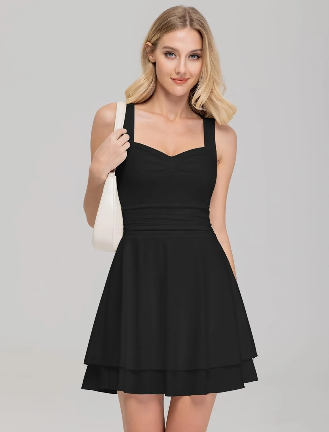 IWD Women's Square Neck Sleeveless Mini Dress Ruched Waist Tiered Ruffle Hem A Line Short Dresses