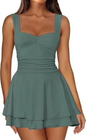 IWD Women's Square Neck Sleeveless Mini Dress Ruched Waist Tiered Ruffle Hem A Line Short Dresses