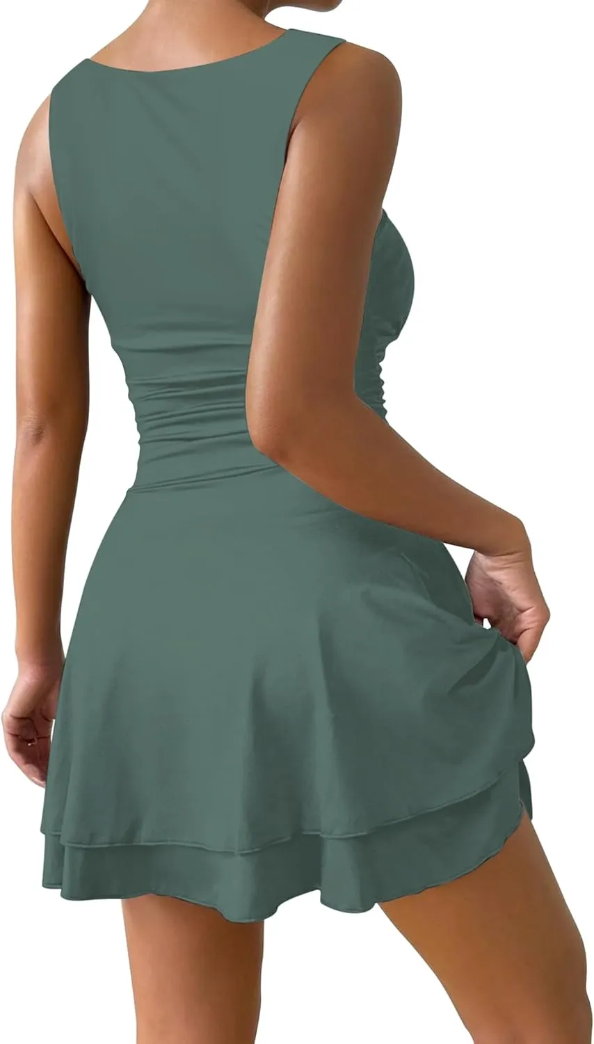 IWD Women's Square Neck Sleeveless Mini Dress Ruched Waist Tiered Ruffle Hem A Line Short Dresses