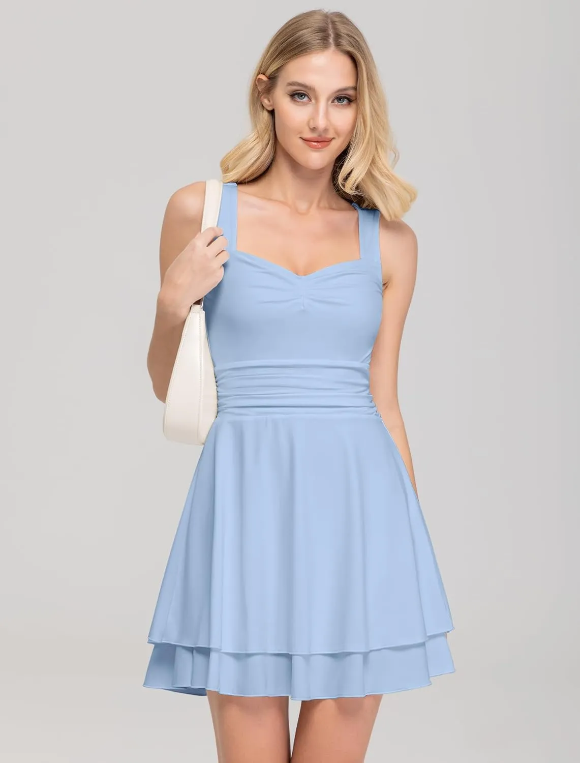 IWD Women's Square Neck Sleeveless Mini Dress Ruched Waist Tiered Ruffle Hem A Line Short Dresses