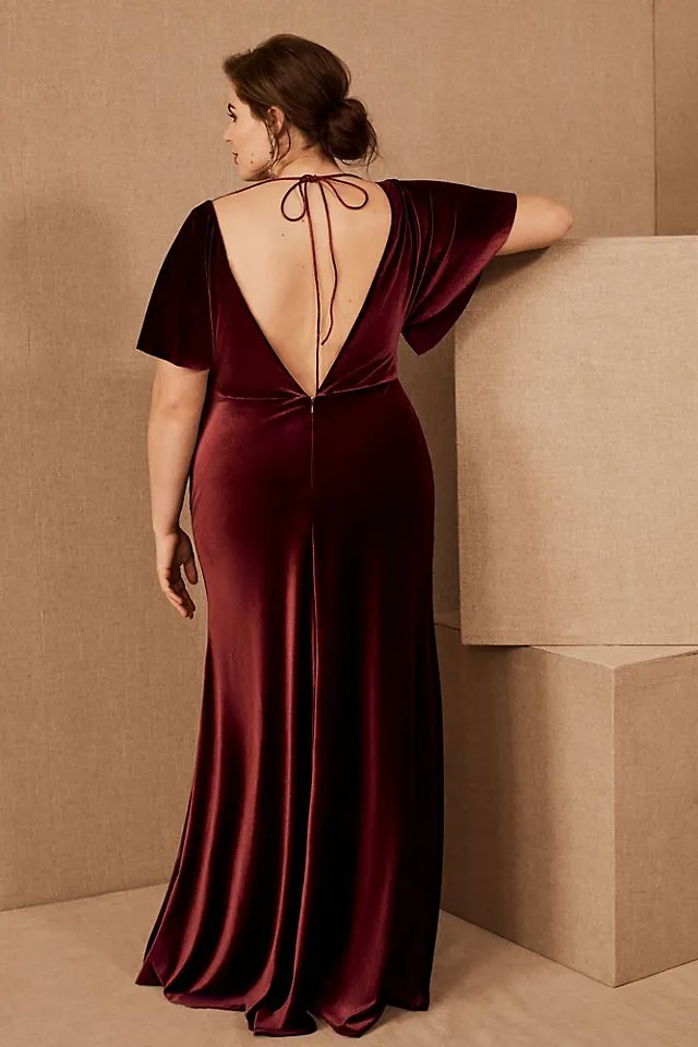 Jenny Yoo Ellis Elastic Velvet Dress with Open Sleeves and Open Back dark berry