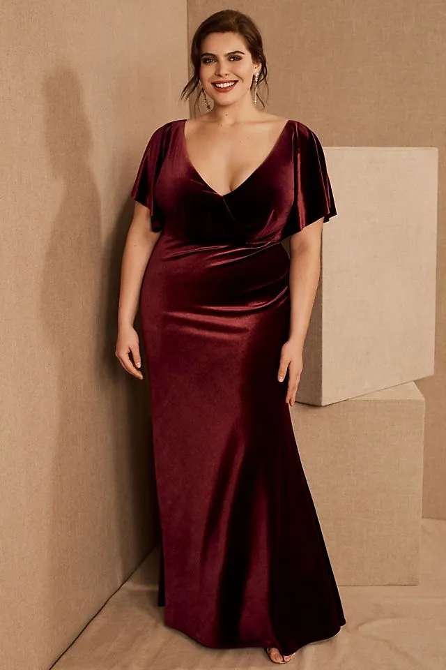 Jenny Yoo Ellis Elastic Velvet Dress with Open Sleeves and Open Back dark berry
