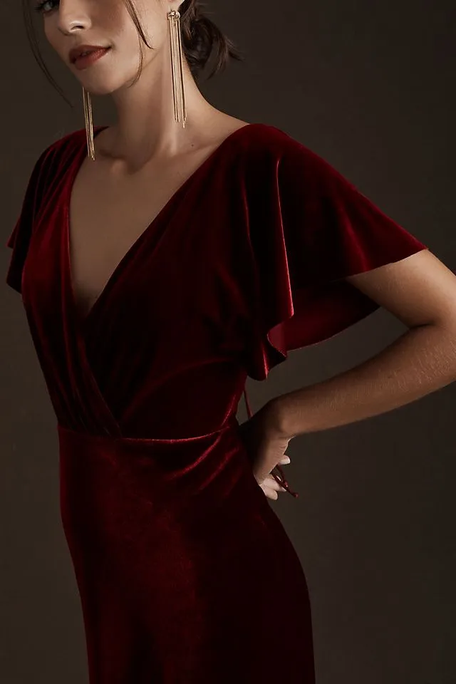 Jenny Yoo Ellis Elastic Velvet Dress with Open Sleeves and Open Back dark berry