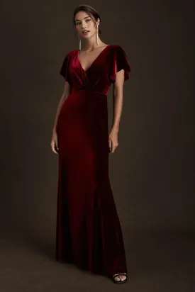 Jenny Yoo Ellis Elastic Velvet Dress with Open Sleeves and Open Back dark berry