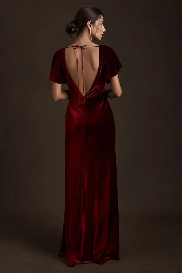 Jenny Yoo Ellis Elastic Velvet Dress with Open Sleeves and Open Back dark berry