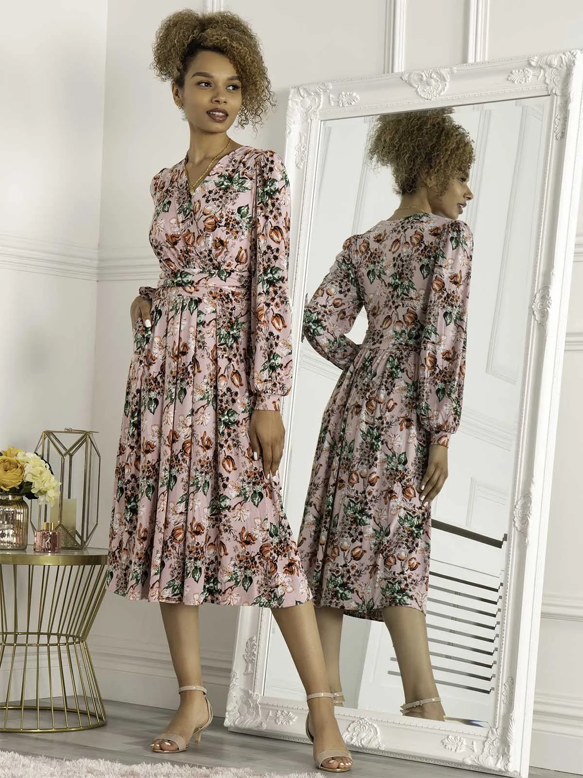 Jolie Moi Libby Long Sleeved Jersey Dress, Pink Floral