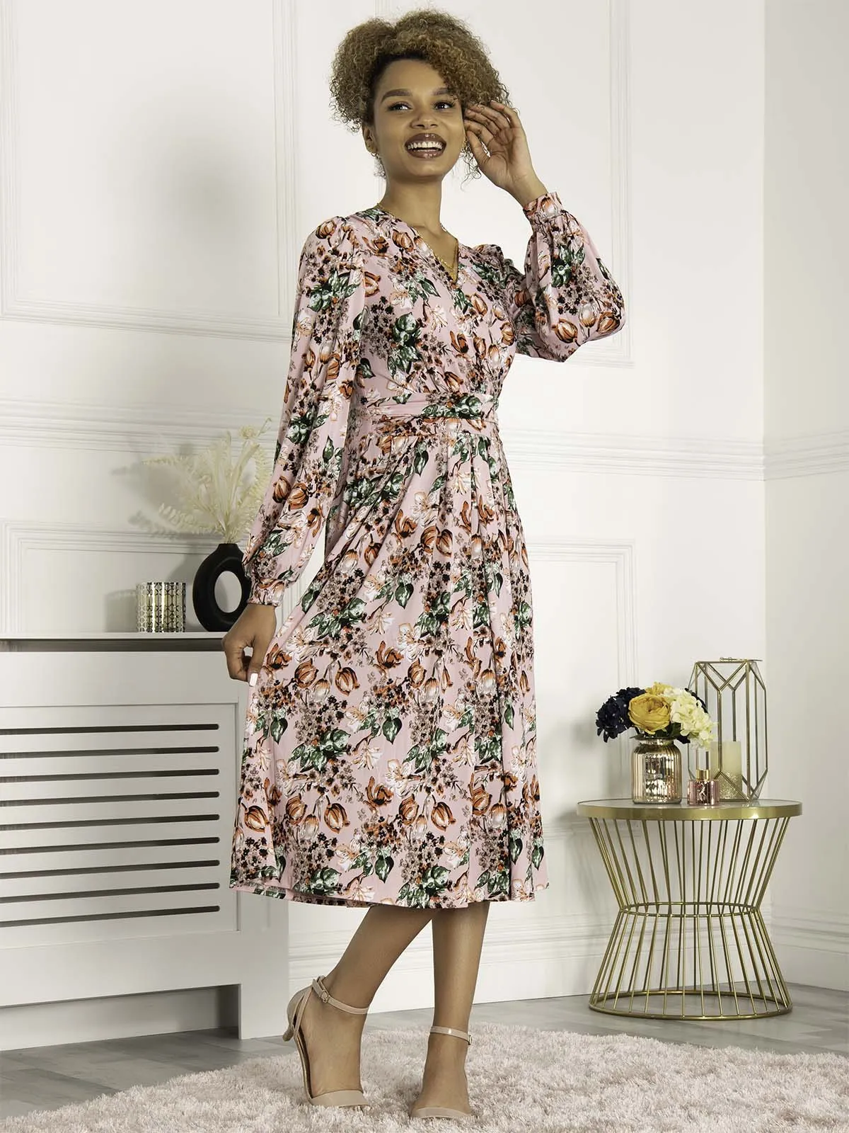 Jolie Moi Libby Long Sleeved Jersey Dress, Pink Floral