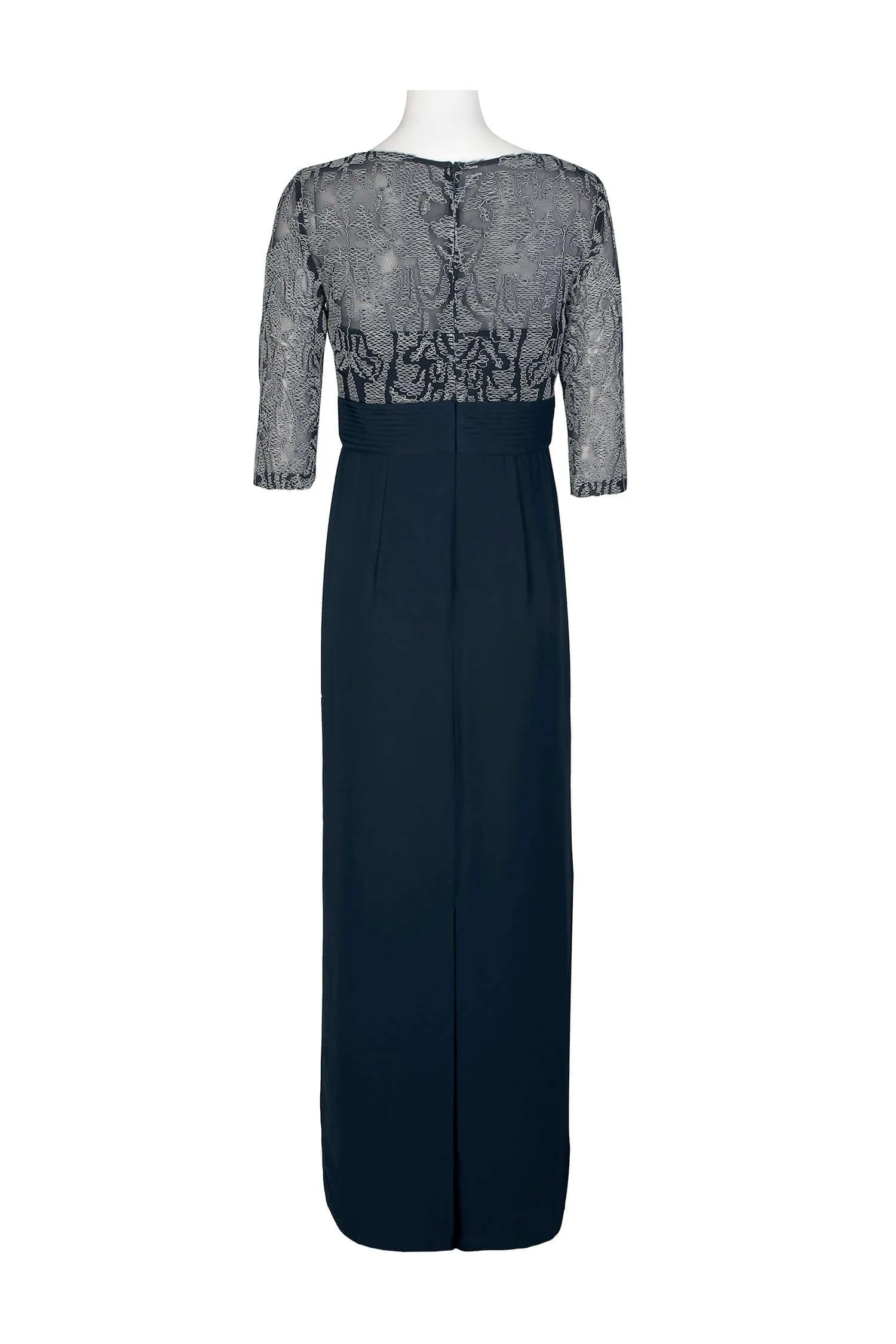 JS Collections Boat Neck 3/4 Sleeve Embroidered Illusion Bodice Draped Front Pleated Waist Zipper Back Crepe Long Dress