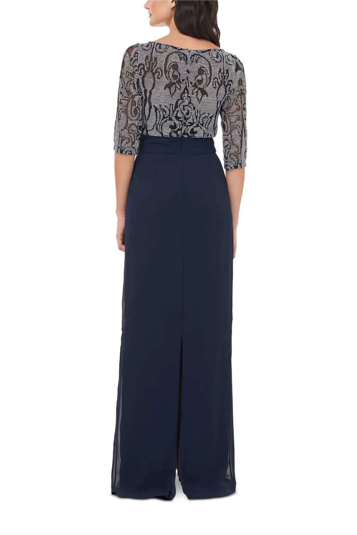 JS Collections Boat Neck 3/4 Sleeve Embroidered Illusion Bodice Draped Front Pleated Waist Zipper Back Crepe Long Dress
