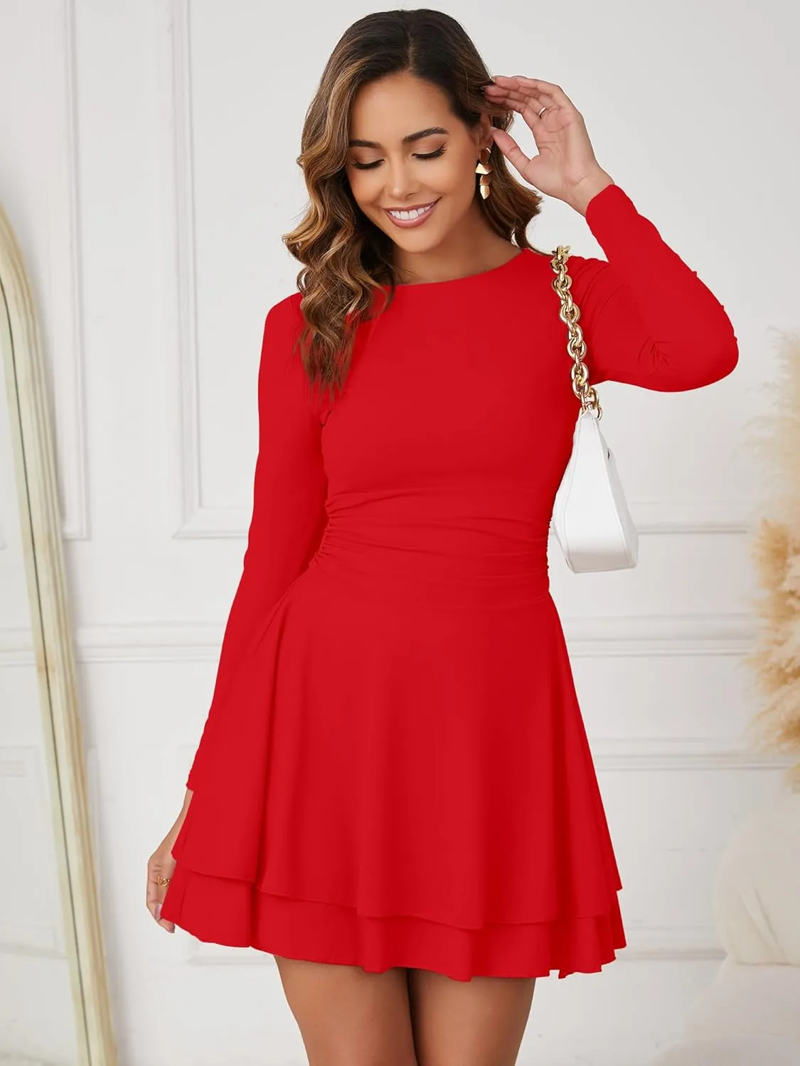 Kaximil Women's Crew Neck Long Sleeve Corset Mini Dress Ruffle Hem Short Party Club Dresses