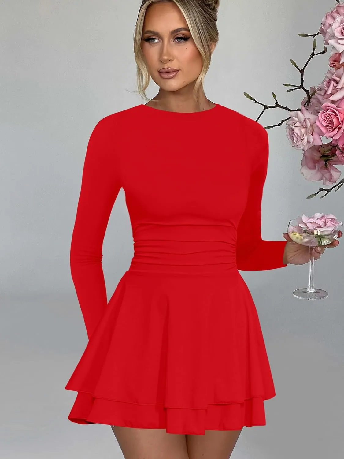 Kaximil Women's Crew Neck Long Sleeve Corset Mini Dress Ruffle Hem Short Party Club Dresses