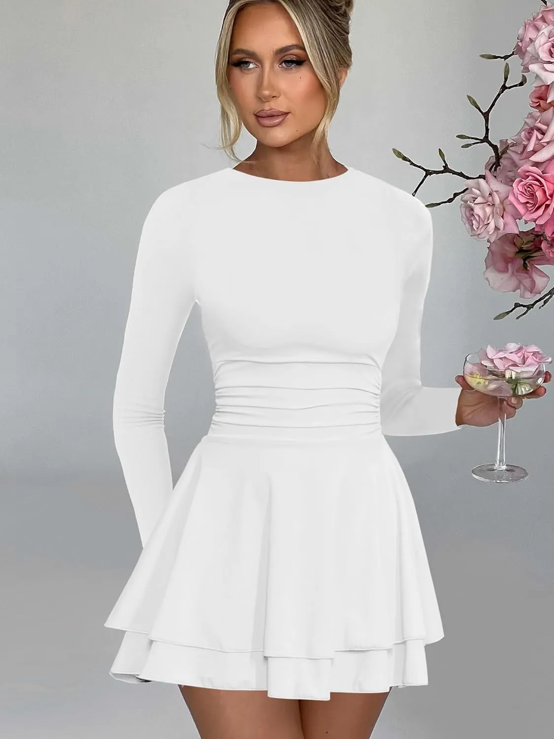 Kaximil Women's Crew Neck Long Sleeve Corset Mini Dress Ruffle Hem Short Party Club Dresses