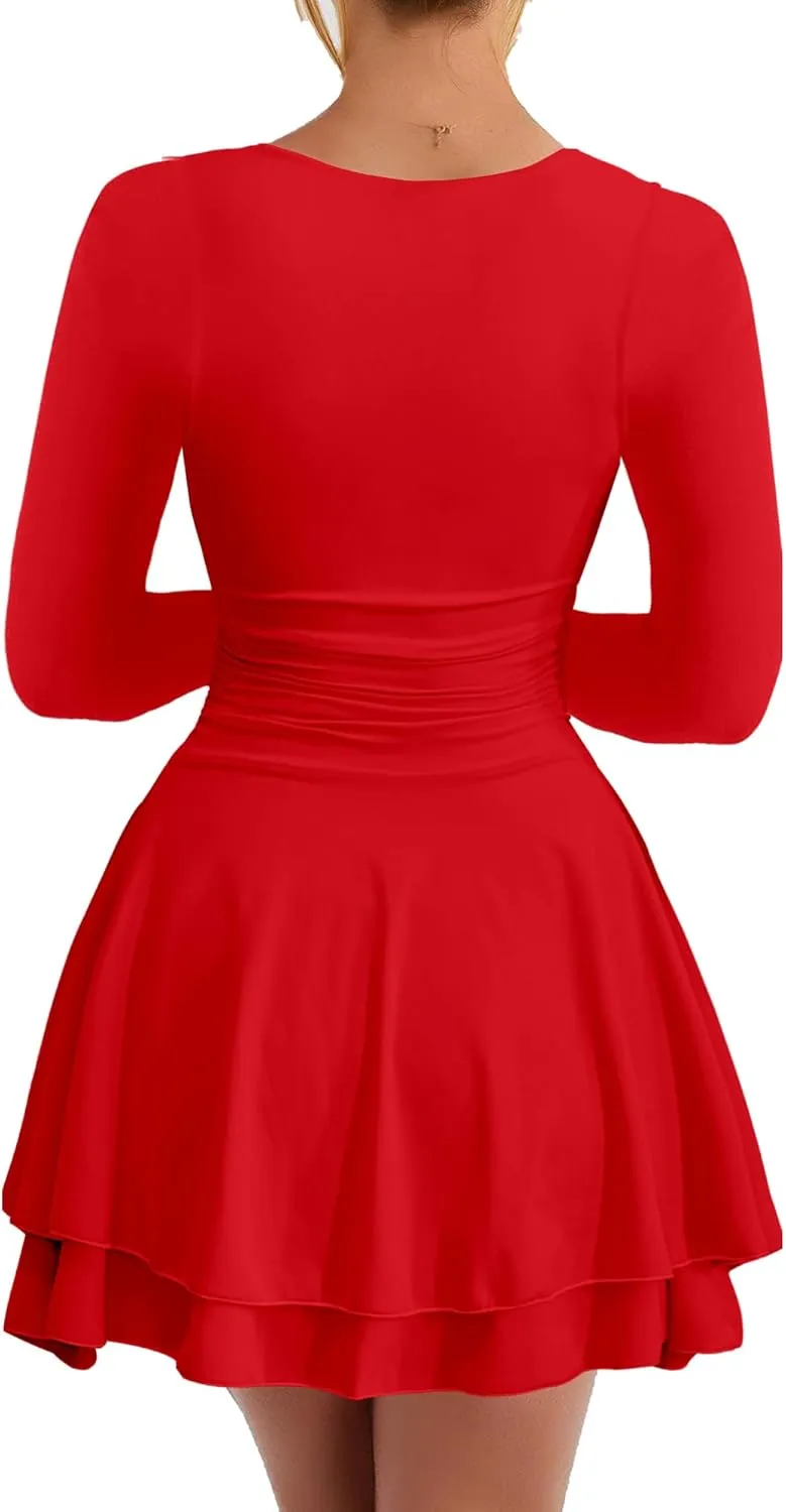 Kaximil Women's Crew Neck Long Sleeve Corset Mini Dress Ruffle Hem Short Party Club Dresses