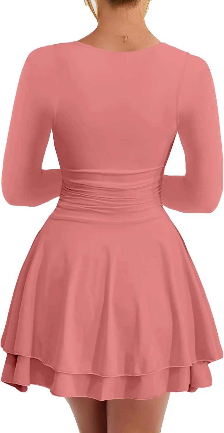 Kaximil Women's Crew Neck Long Sleeve Corset Mini Dress Ruffle Hem Short Party Club Dresses