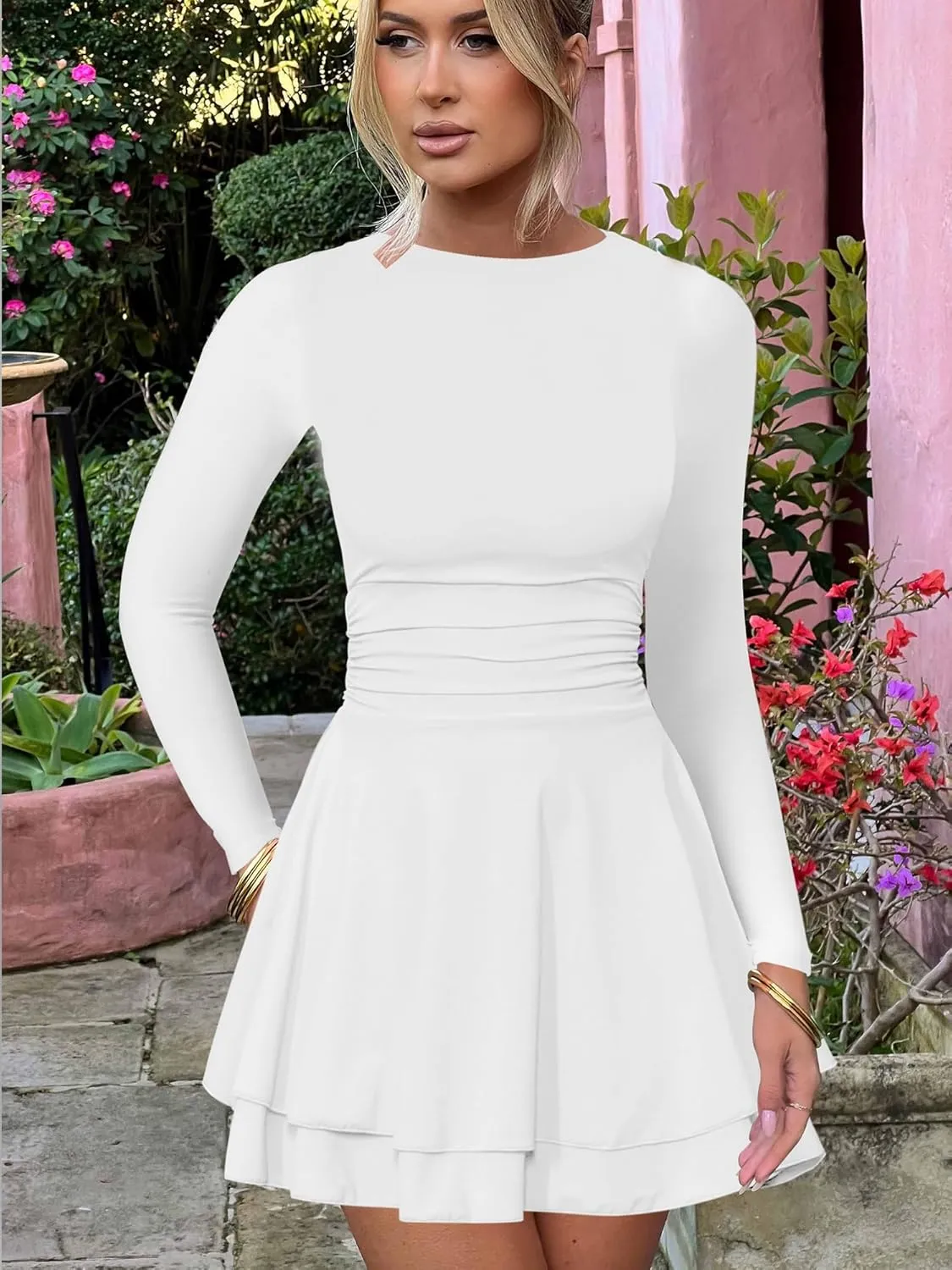 Kaximil Women's Crew Neck Long Sleeve Corset Mini Dress Ruffle Hem Short Party Club Dresses