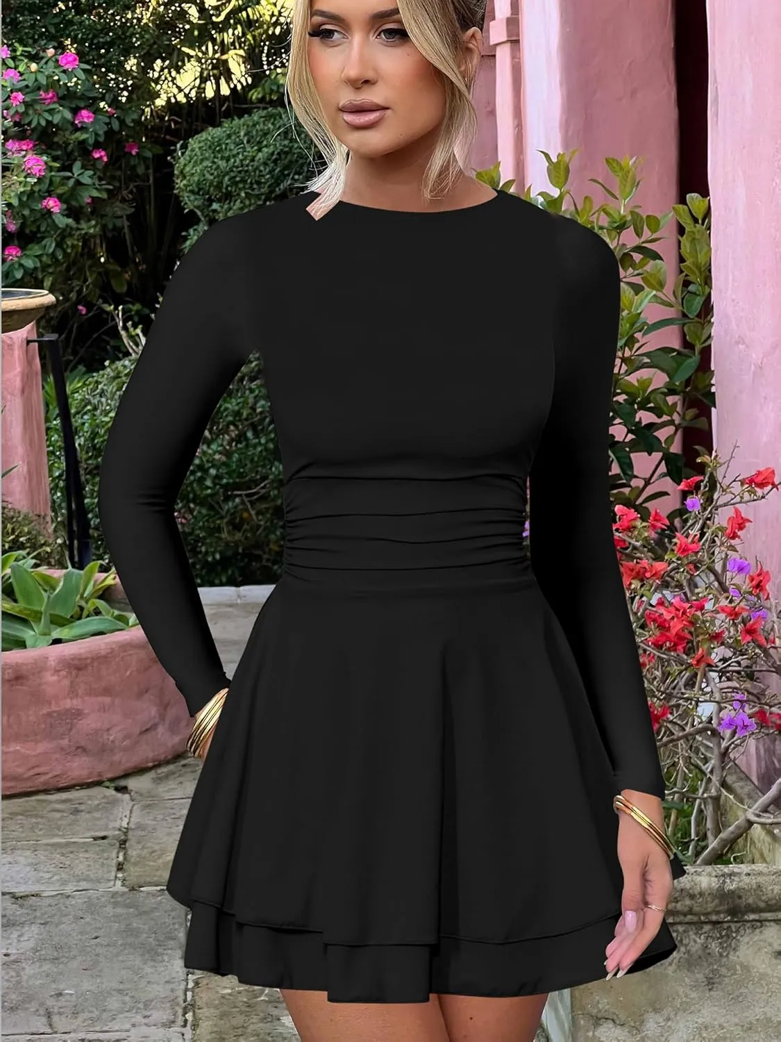 Kaximil Women's Crew Neck Long Sleeve Corset Mini Dress Ruffle Hem Short Party Club Dresses
