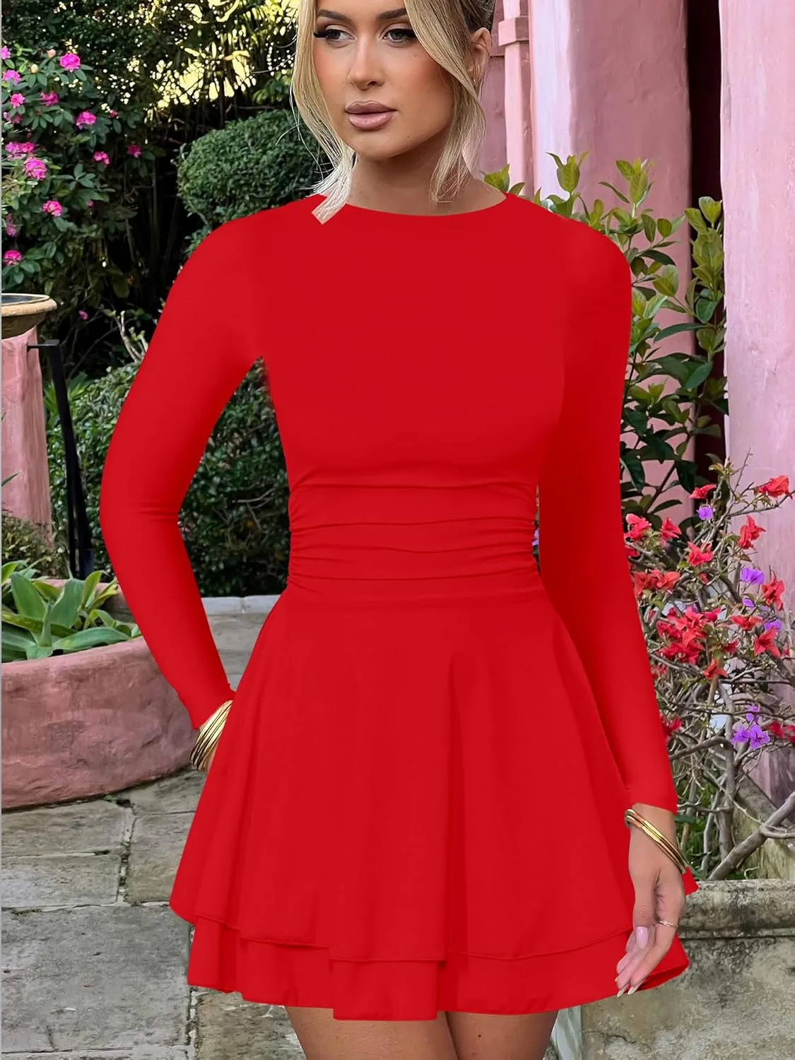 Kaximil Women's Crew Neck Long Sleeve Corset Mini Dress Ruffle Hem Short Party Club Dresses