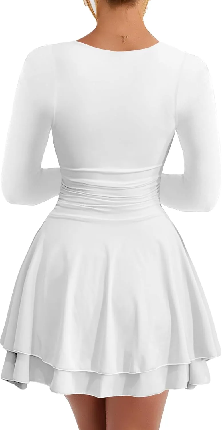 Kaximil Women's Crew Neck Long Sleeve Corset Mini Dress Ruffle Hem Short Party Club Dresses