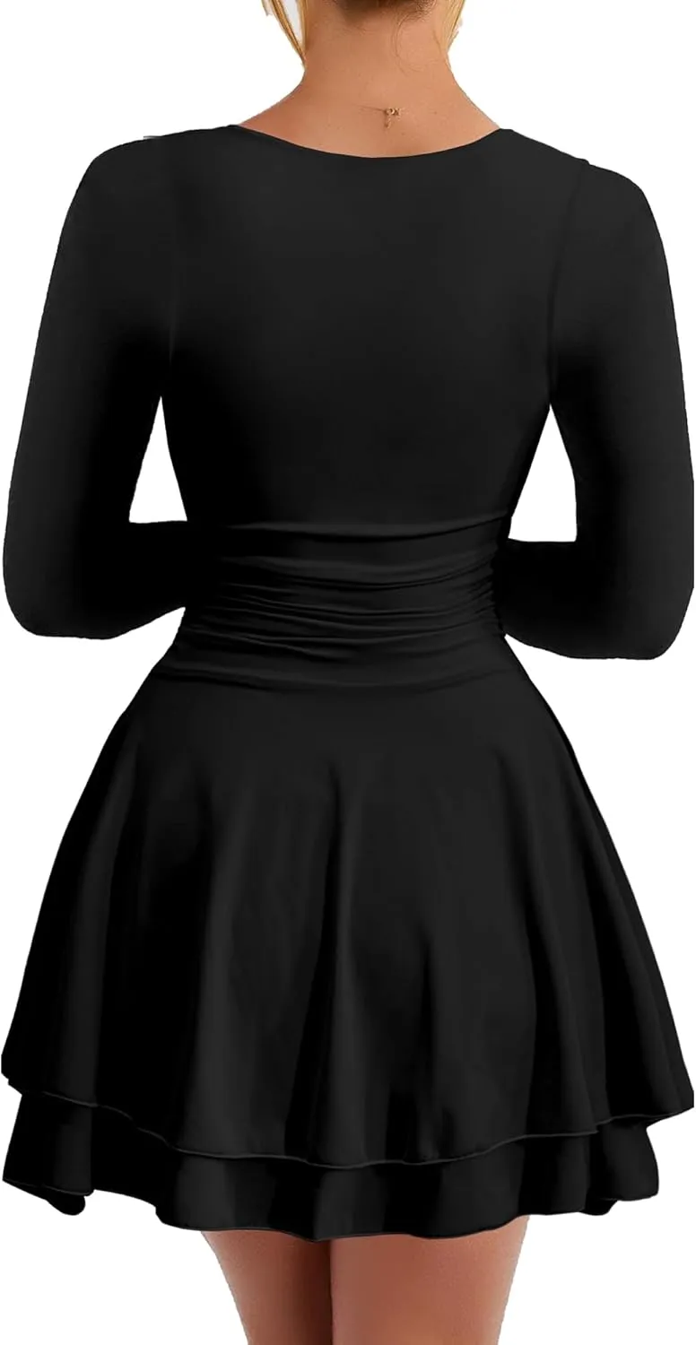 Kaximil Women's Crew Neck Long Sleeve Corset Mini Dress Ruffle Hem Short Party Club Dresses
