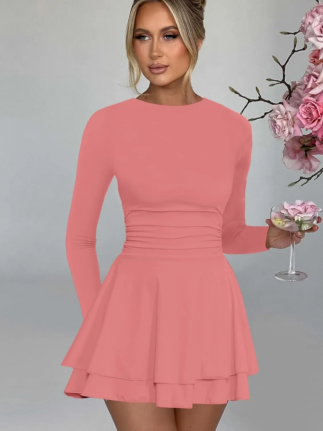 Kaximil Women's Crew Neck Long Sleeve Corset Mini Dress Ruffle Hem Short Party Club Dresses