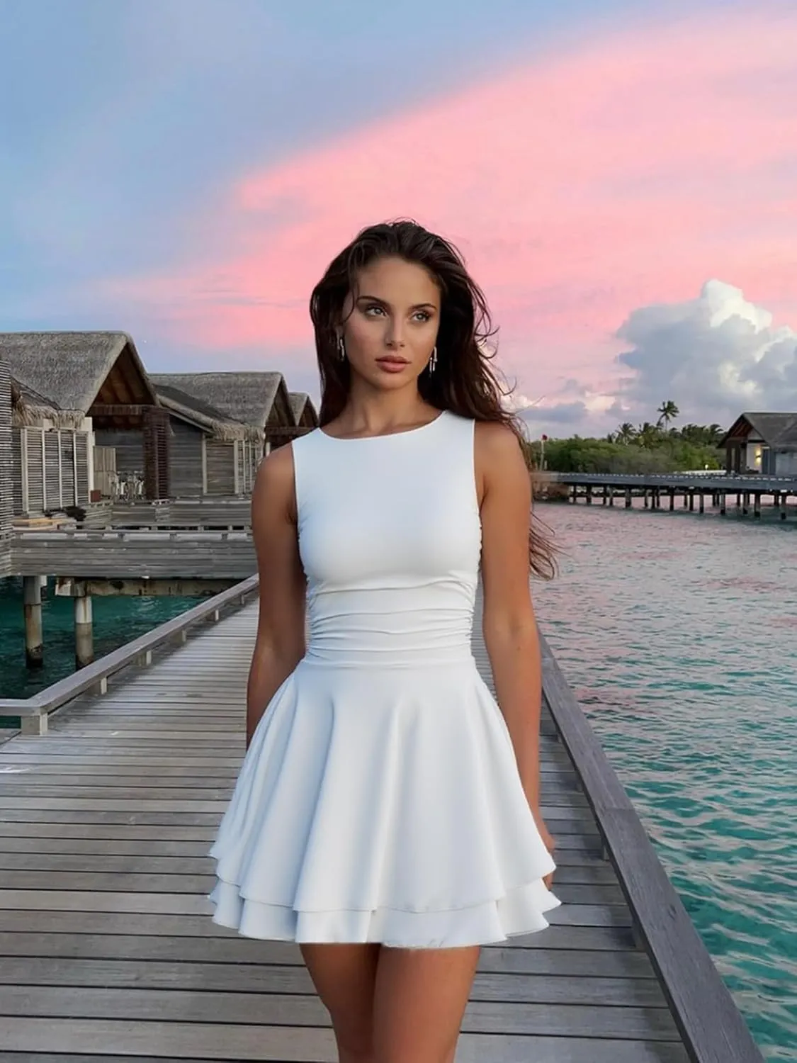 Kaximil Women's Ruffle Hem Boat Neck Mini Dress Sleeveless Ruched Corset Short Party Dresses