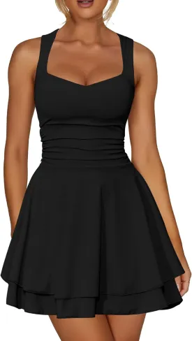 Kaximil Women's Sexy Square Neck Sleeveless Mini Dress Ruched Ruffle Hem Corset Party Dresses