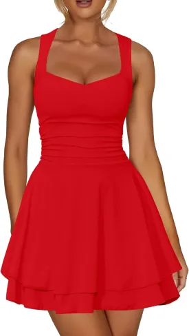 Kaximil Women's Sexy Square Neck Sleeveless Mini Dress Ruched Ruffle Hem Corset Party Dresses