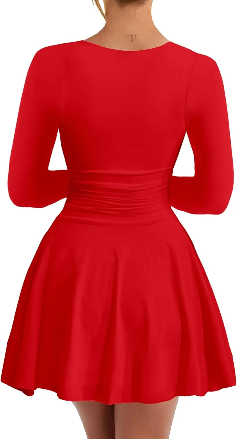 Kaximil Women's Square Neck Long Sleeve Mini Dress Ruffle Hem Corset Short Party Club Dresses
