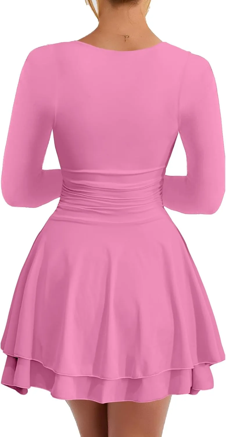 Kaximil Women's Square Neck Ruffle Hem Mini Dress Ruched Waist Long Sleeve Corset Short Party Dresses