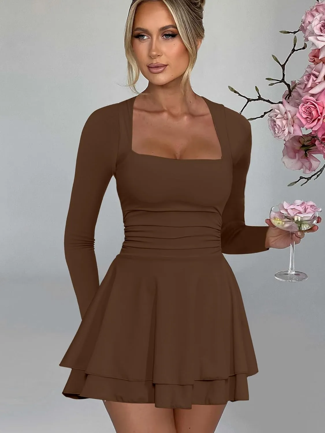 Kaximil Women's Square Neck Ruffle Hem Mini Dress Ruched Waist Long Sleeve Corset Short Party Dresses