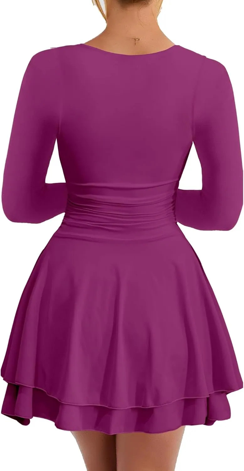 Kaximil Women's Square Neck Ruffle Hem Mini Dress Ruched Waist Long Sleeve Corset Short Party Dresses