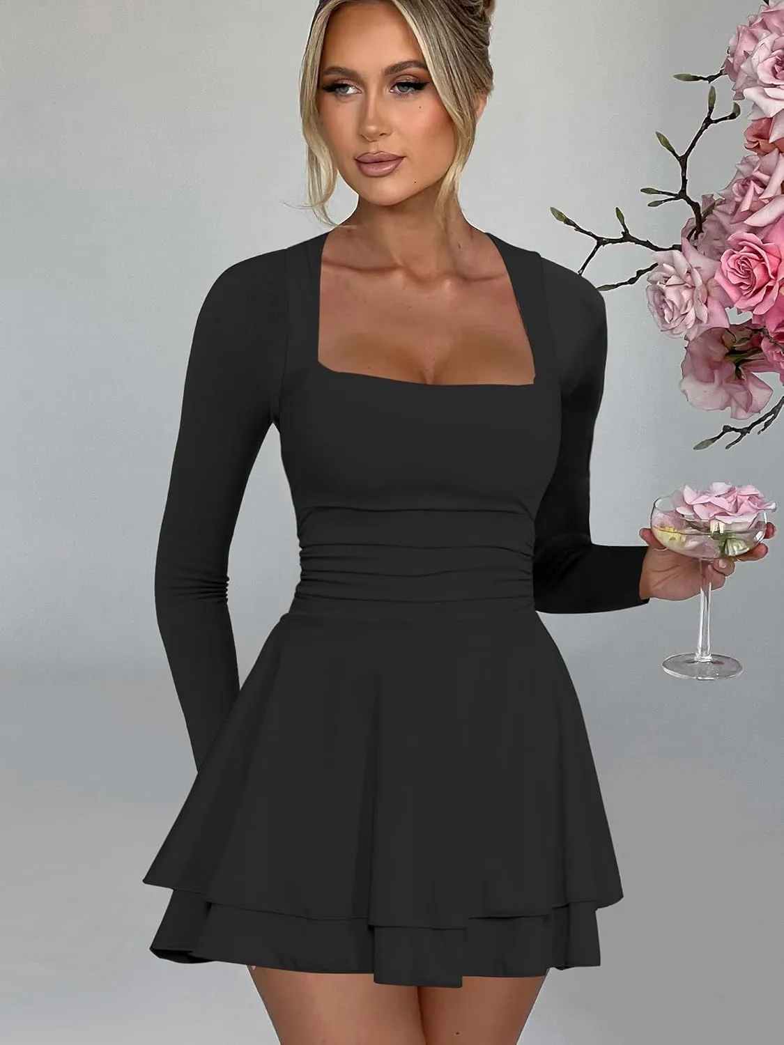 Kaximil Women's Square Neck Ruffle Hem Mini Dress Ruched Waist Long Sleeve Corset Short Party Dresses