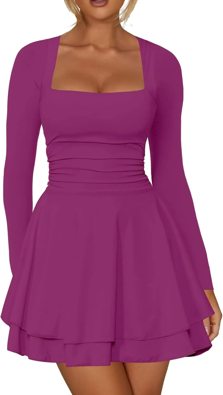 Kaximil Women's Square Neck Ruffle Hem Mini Dress Ruched Waist Long Sleeve Corset Short Party Dresses