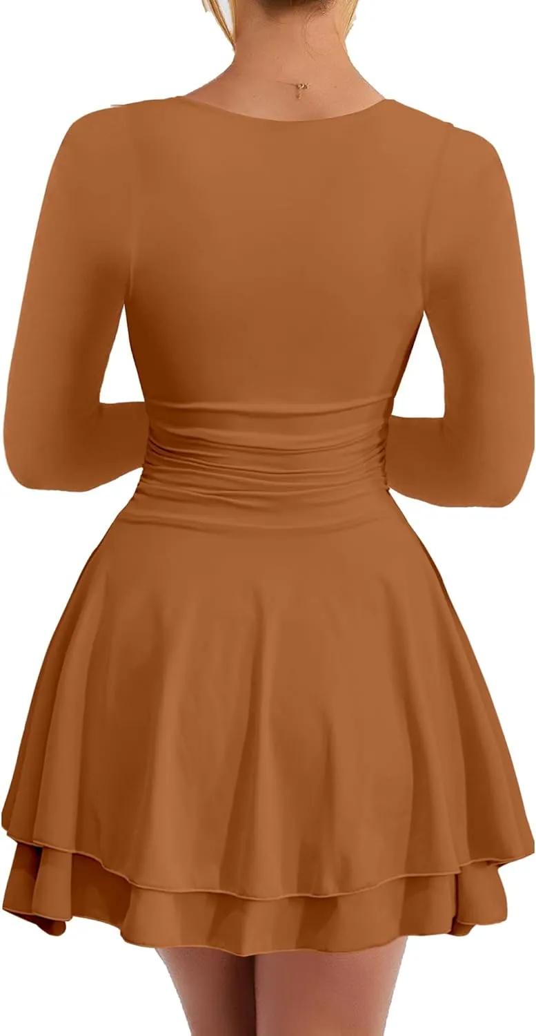 Kaximil Women's Square Neck Ruffle Hem Mini Dress Ruched Waist Long Sleeve Corset Short Party Dresses