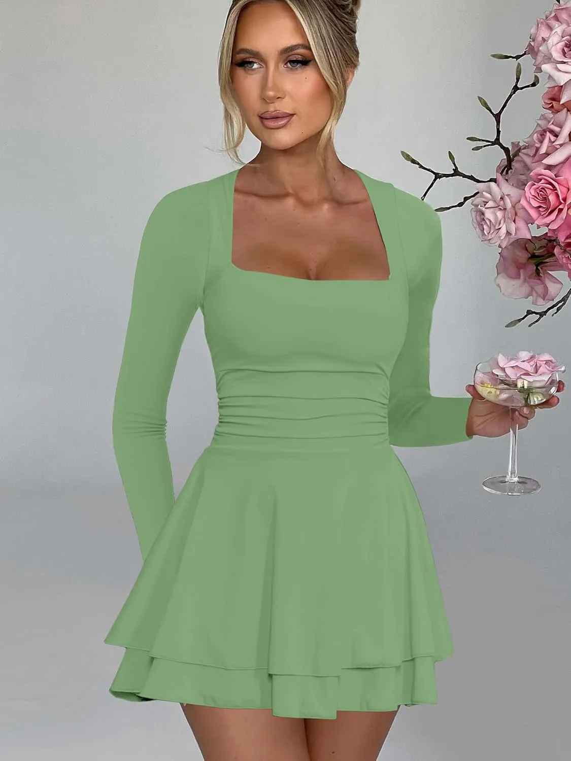 Kaximil Women's Square Neck Ruffle Hem Mini Dress Ruched Waist Long Sleeve Corset Short Party Dresses