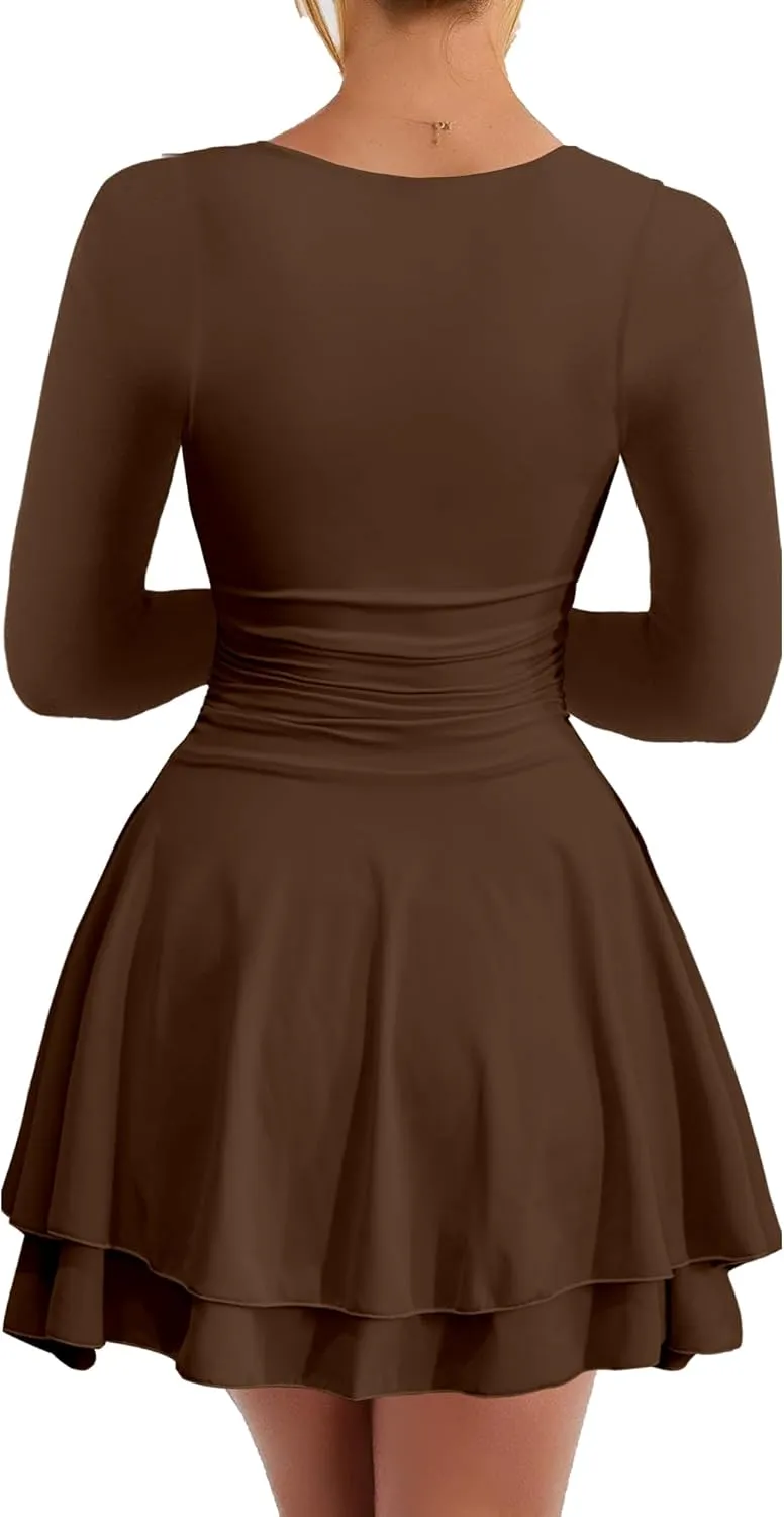 Kaximil Women's Square Neck Ruffle Hem Mini Dress Ruched Waist Long Sleeve Corset Short Party Dresses