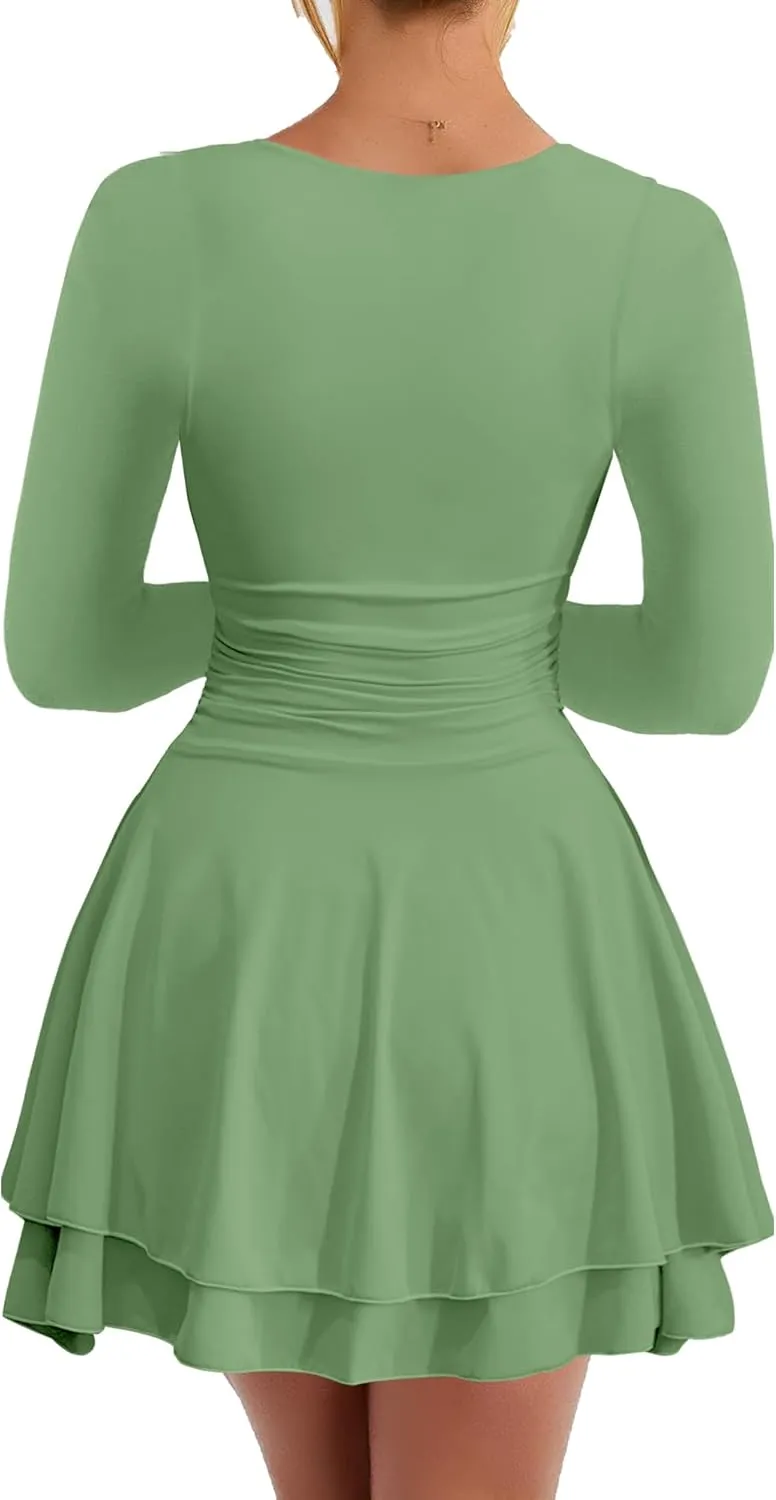 Kaximil Women's Square Neck Ruffle Hem Mini Dress Ruched Waist Long Sleeve Corset Short Party Dresses