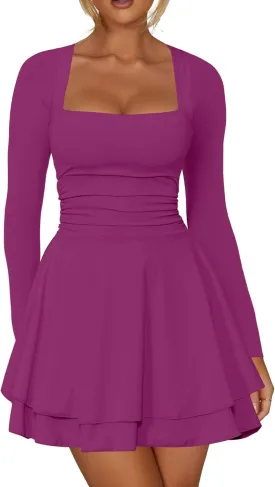 Kaximil Women's Square Neck Ruffle Hem Mini Dress Ruched Waist Long Sleeve Corset Short Party Dresses