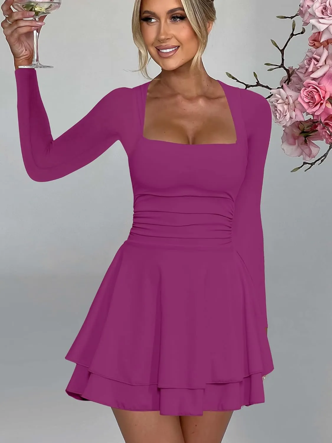 Kaximil Women's Square Neck Ruffle Hem Mini Dress Ruched Waist Long Sleeve Corset Short Party Dresses