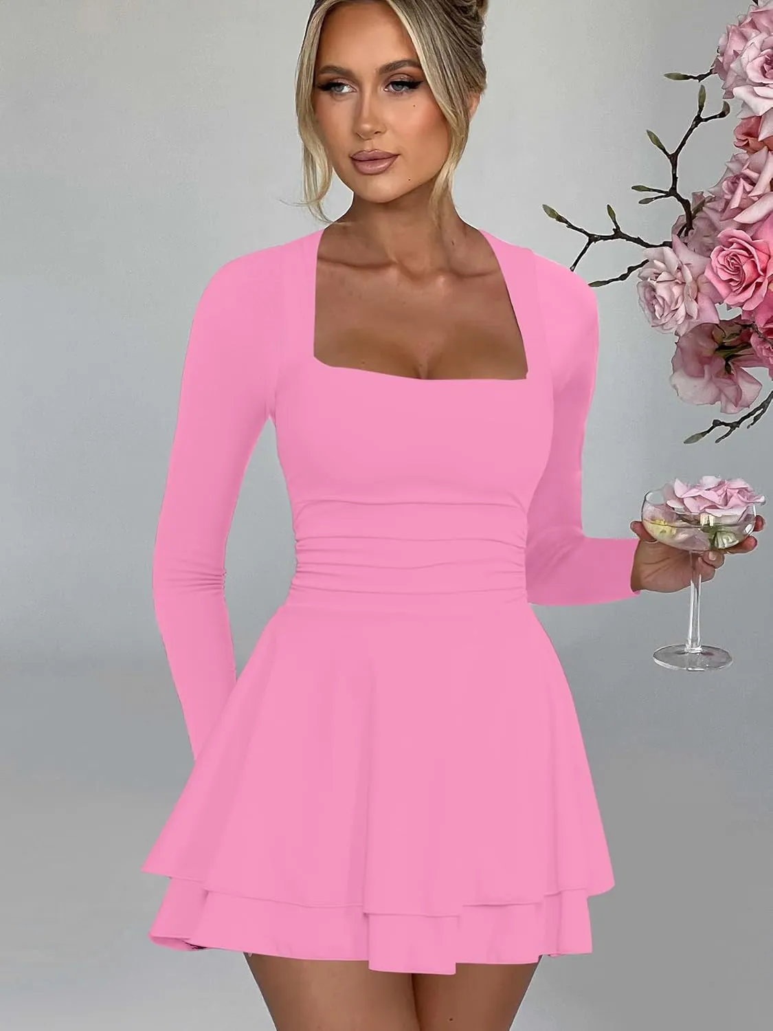 Kaximil Women's Square Neck Ruffle Hem Mini Dress Ruched Waist Long Sleeve Corset Short Party Dresses