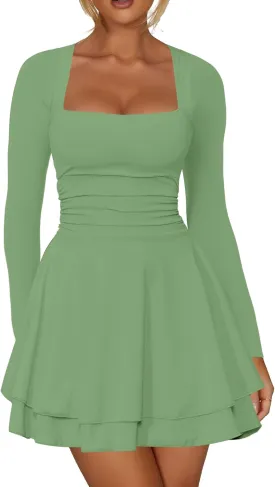 Kaximil Women's Square Neck Ruffle Hem Mini Dress Ruched Waist Long Sleeve Corset Short Party Dresses