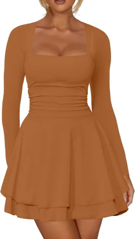 Kaximil Women's Square Neck Ruffle Hem Mini Dress Ruched Waist Long Sleeve Corset Short Party Dresses