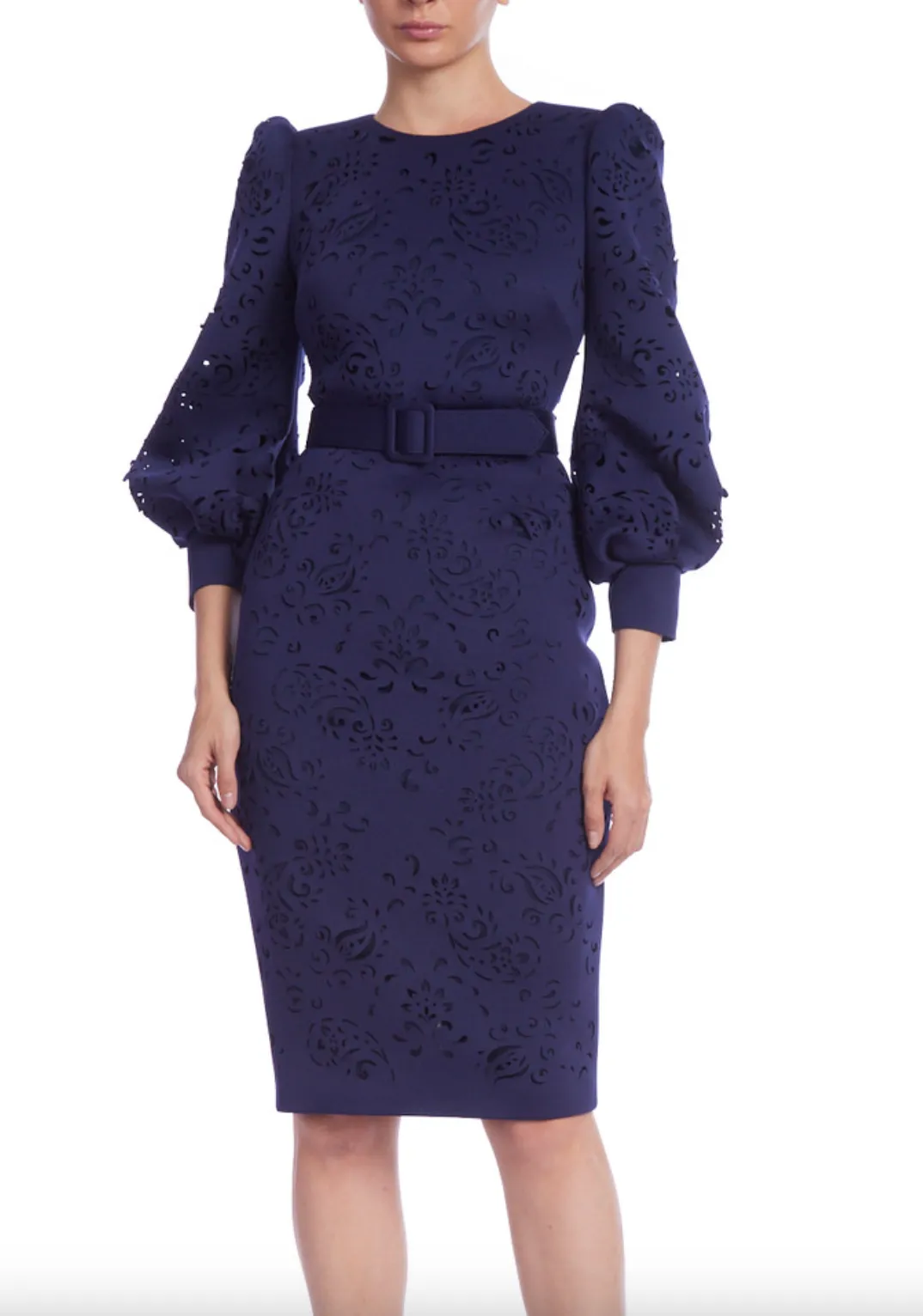 Laser-Cut Belted Sheath Dress - Navy